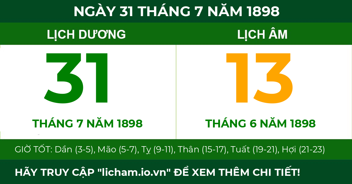 lịch âm ngày 31 tháng 7 năm 1898