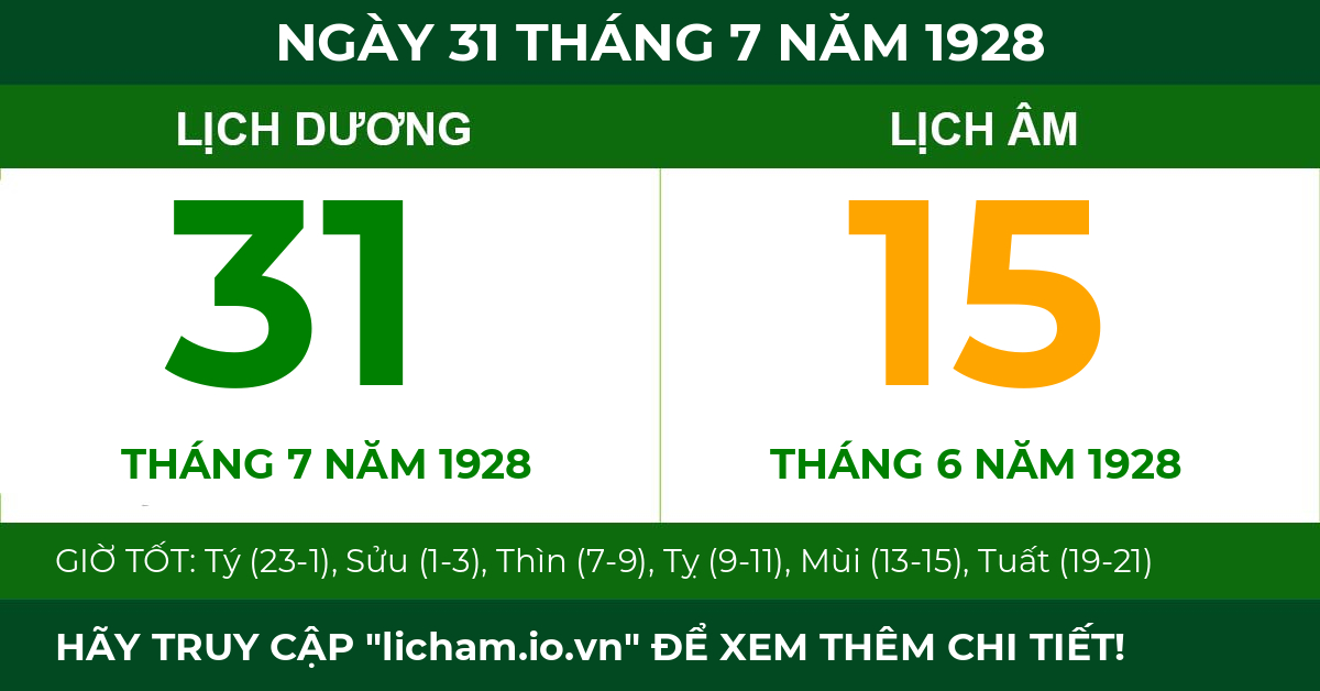 lịch âm ngày 31 tháng 7 năm 1928