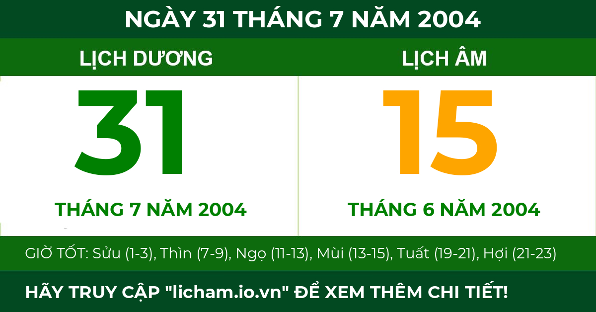 lịch âm ngày 31 tháng 7 năm 2004