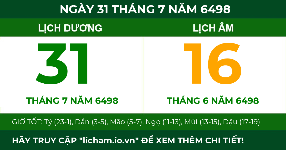 lịch âm ngày 31 tháng 7 năm 6498