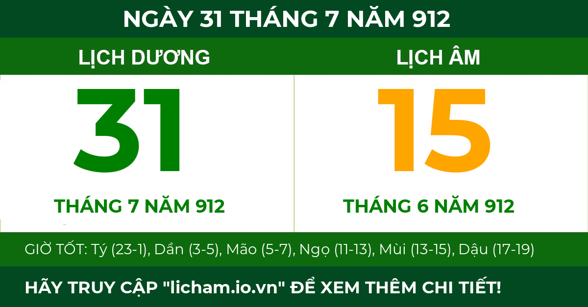 lịch âm ngày 31 tháng 7 năm 912