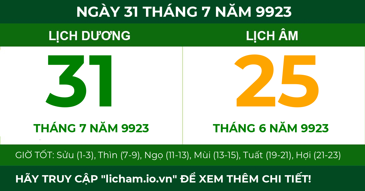 lịch âm ngày 31 tháng 7 năm 9923