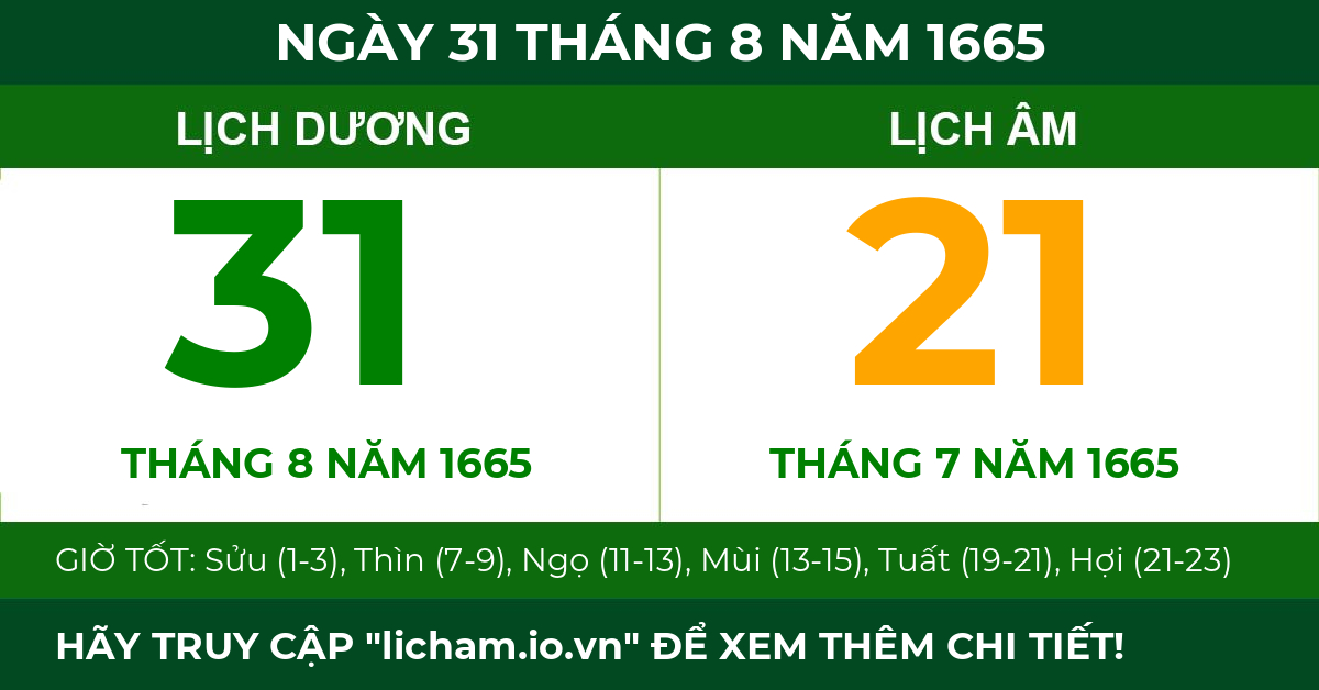 lịch âm ngày 31 tháng 8 năm 1665