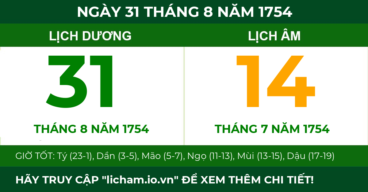 lịch âm ngày 31 tháng 8 năm 1754
