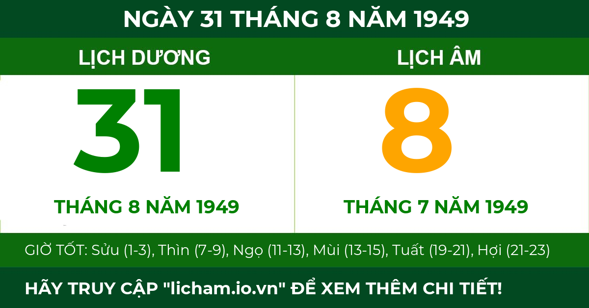 lịch âm ngày 31 tháng 8 năm 1949