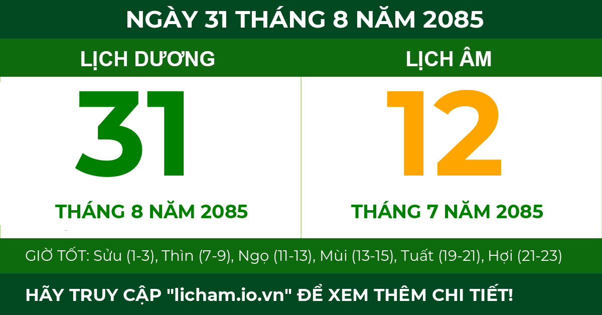 lịch âm ngày 31 tháng 8 năm 2085