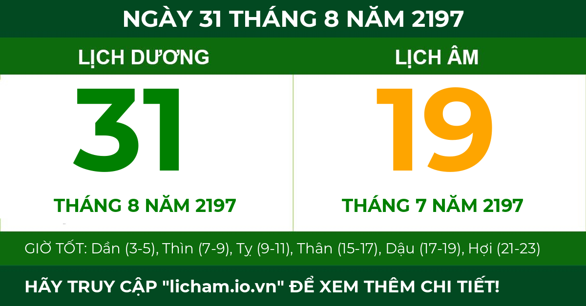 lịch âm ngày 31 tháng 8 năm 2197