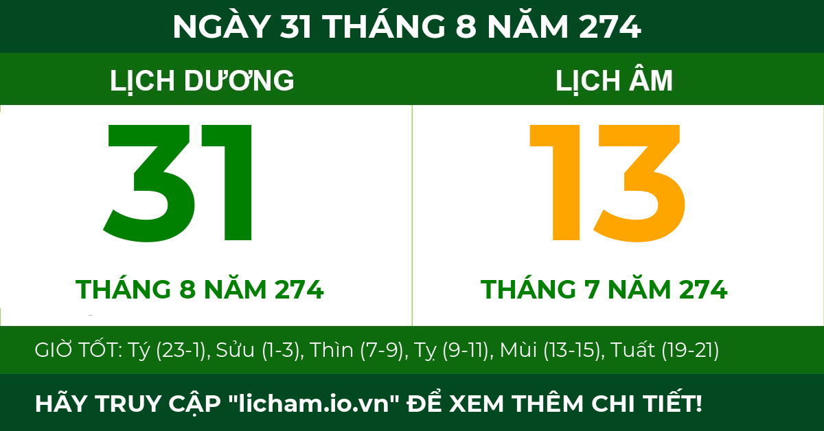 lịch âm ngày 31 tháng 8 năm 274