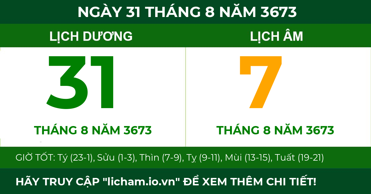 lịch âm ngày 31 tháng 8 năm 3673