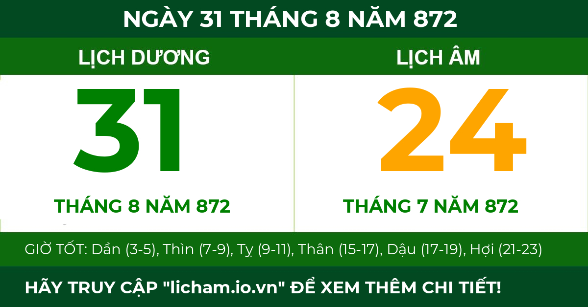 lịch âm ngày 31 tháng 8 năm 872