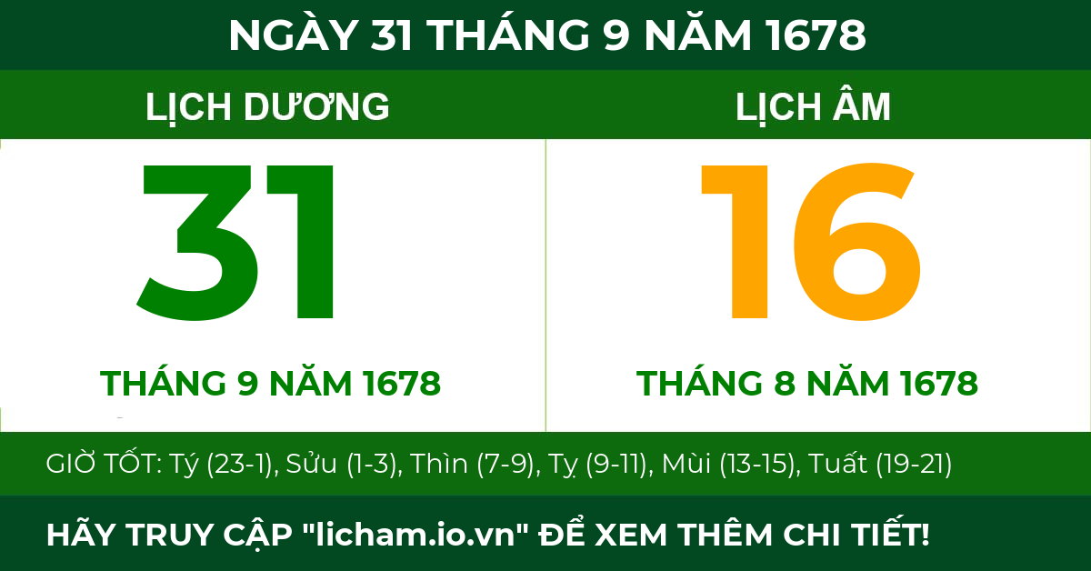 lịch âm ngày 31 tháng 9 năm 1678