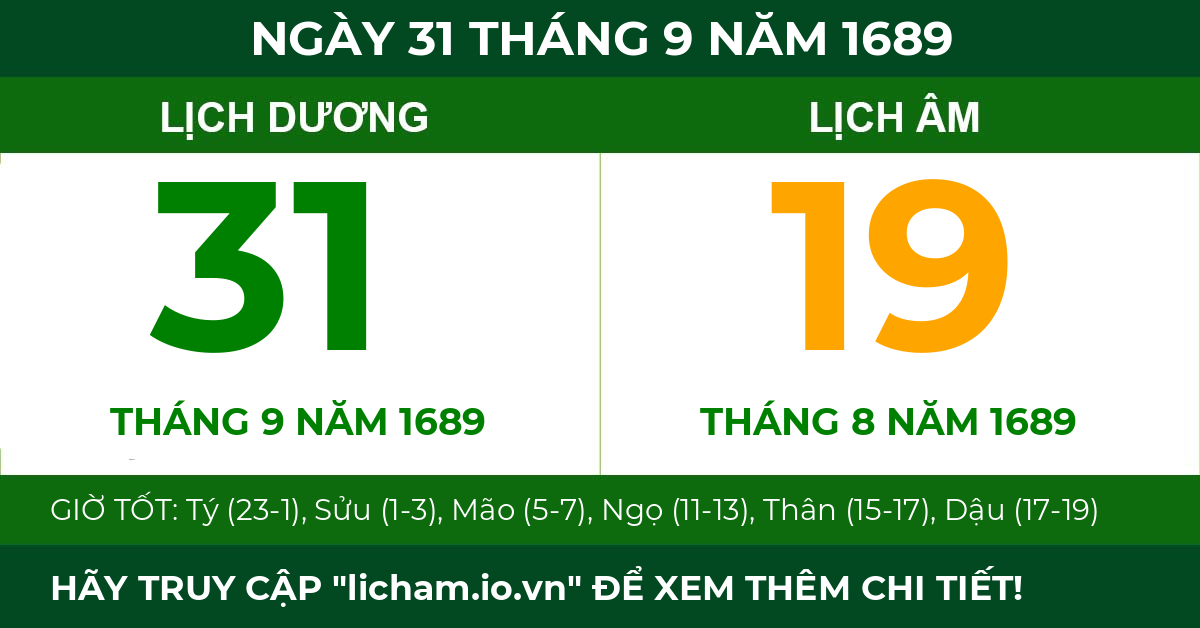 lịch âm ngày 31 tháng 9 năm 1689