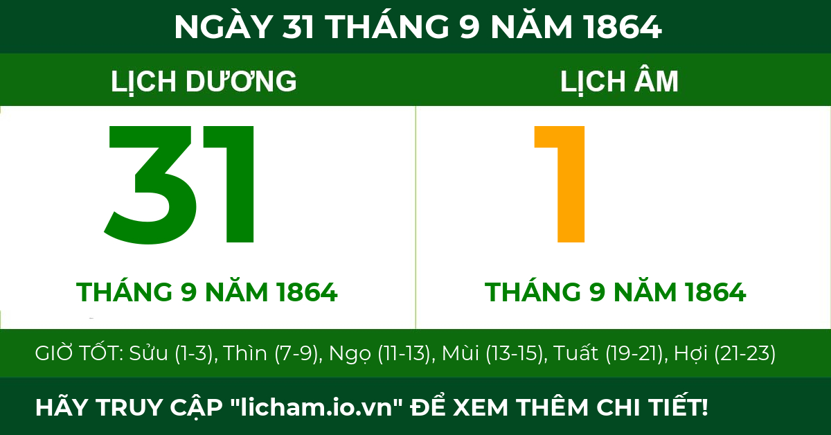 lịch âm ngày 31 tháng 9 năm 1864