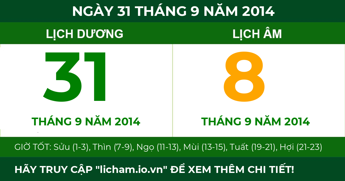 lịch âm ngày 31 tháng 9 năm 2014