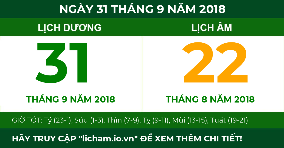 lịch âm ngày 31 tháng 9 năm 2018