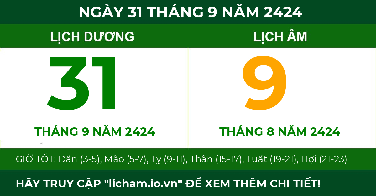 lịch âm ngày 31 tháng 9 năm 2424