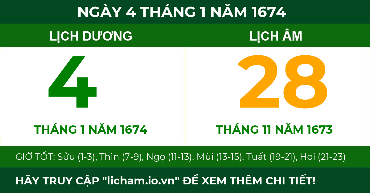 lịch âm ngày 4 tháng 1 năm 1674