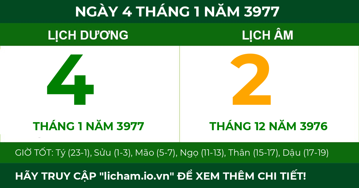 lịch âm ngày 4 tháng 1 năm 3977