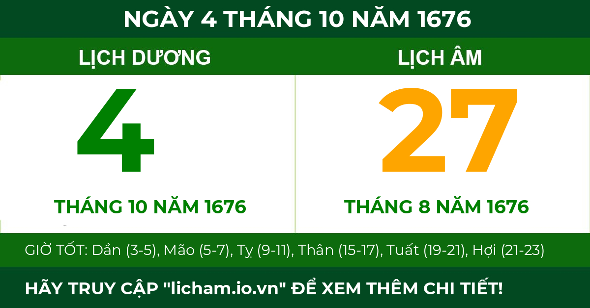lịch âm ngày 4 tháng 10 năm 1676