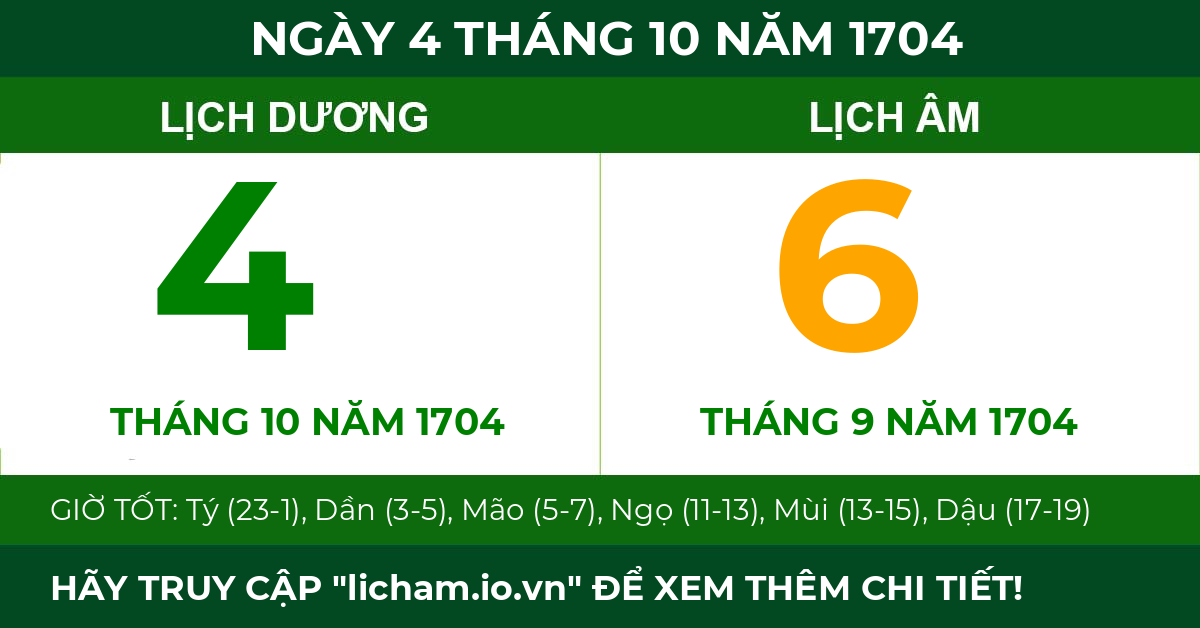 lịch âm ngày 4 tháng 10 năm 1704