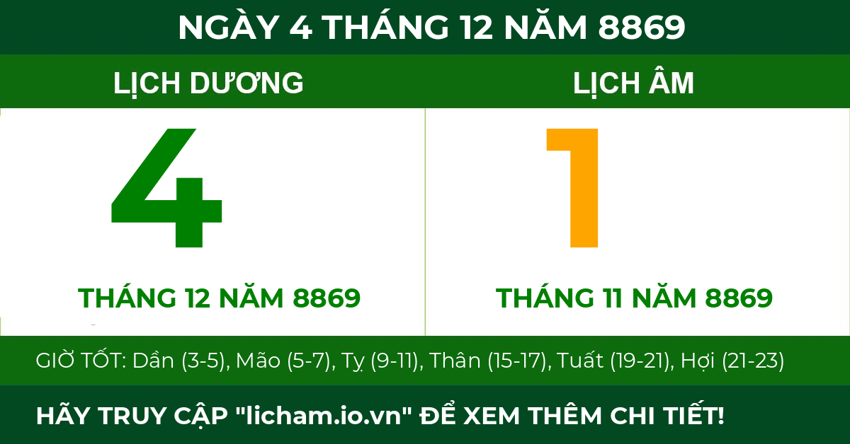 lịch âm ngày 4 tháng 12 năm 8869