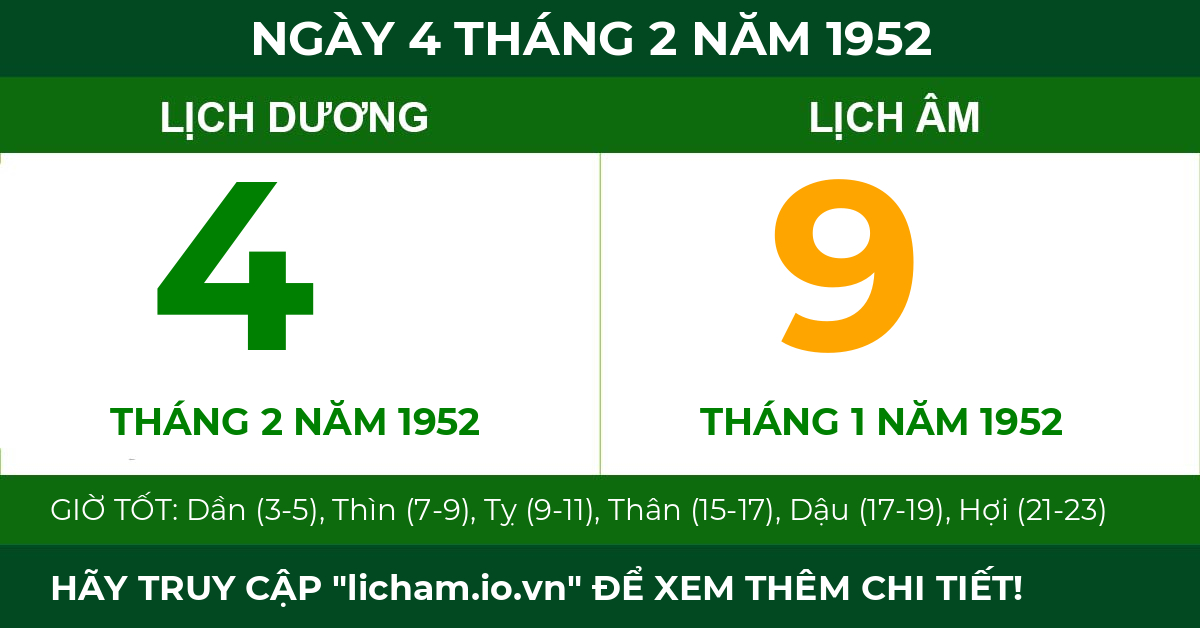 lịch âm ngày 4 tháng 2 năm 1952