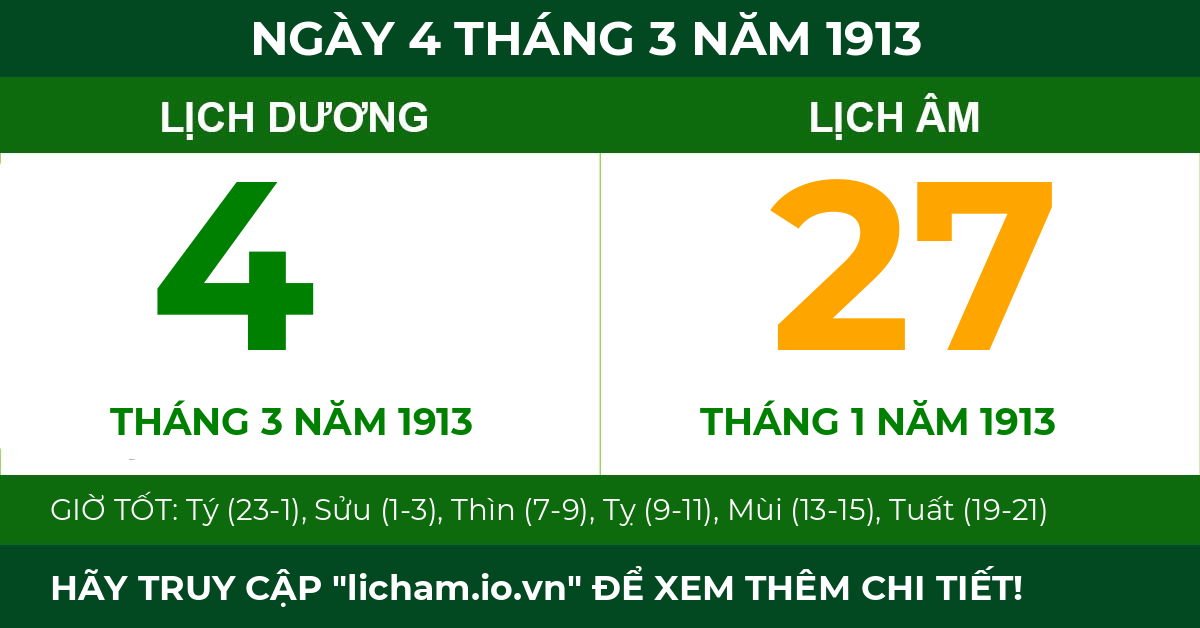 lịch âm ngày 4 tháng 3 năm 1913