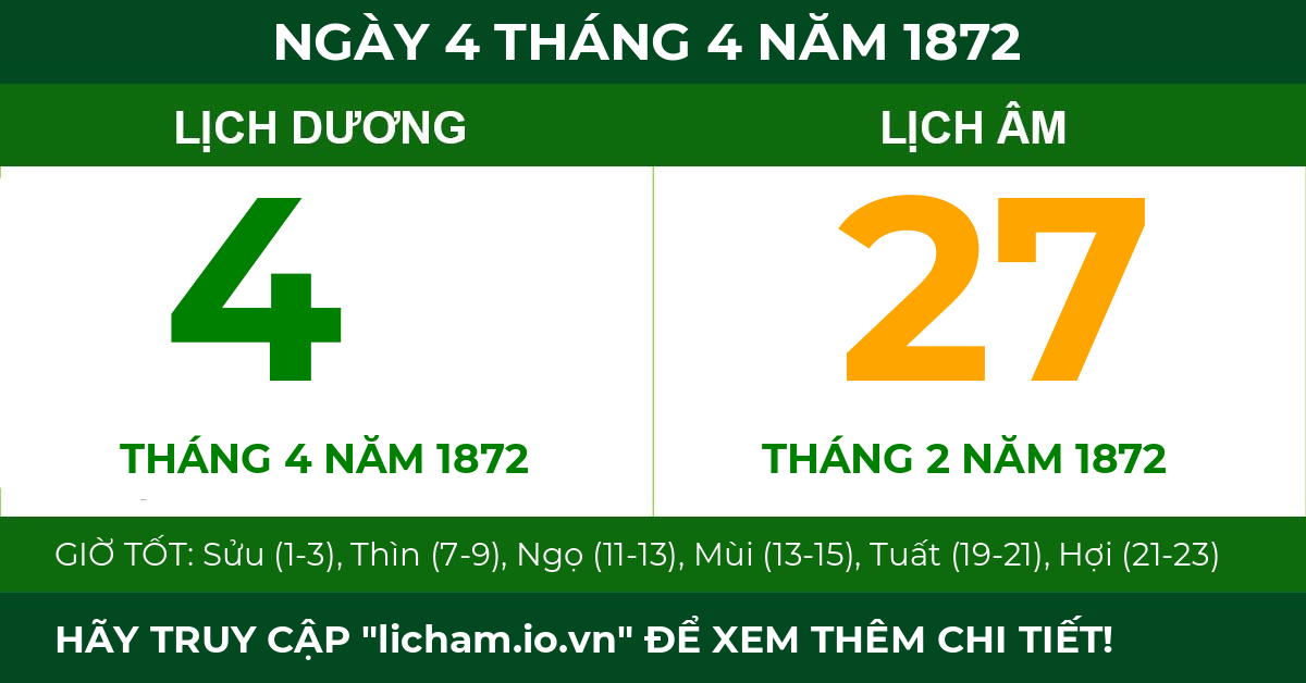 lịch âm ngày 4 tháng 4 năm 1872