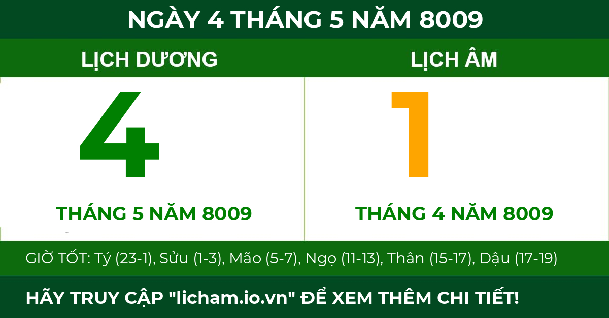 lịch âm ngày 4 tháng 5 năm 8009