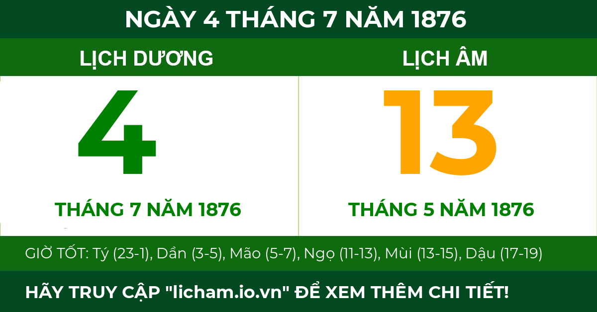 lịch âm ngày 4 tháng 7 năm 1876