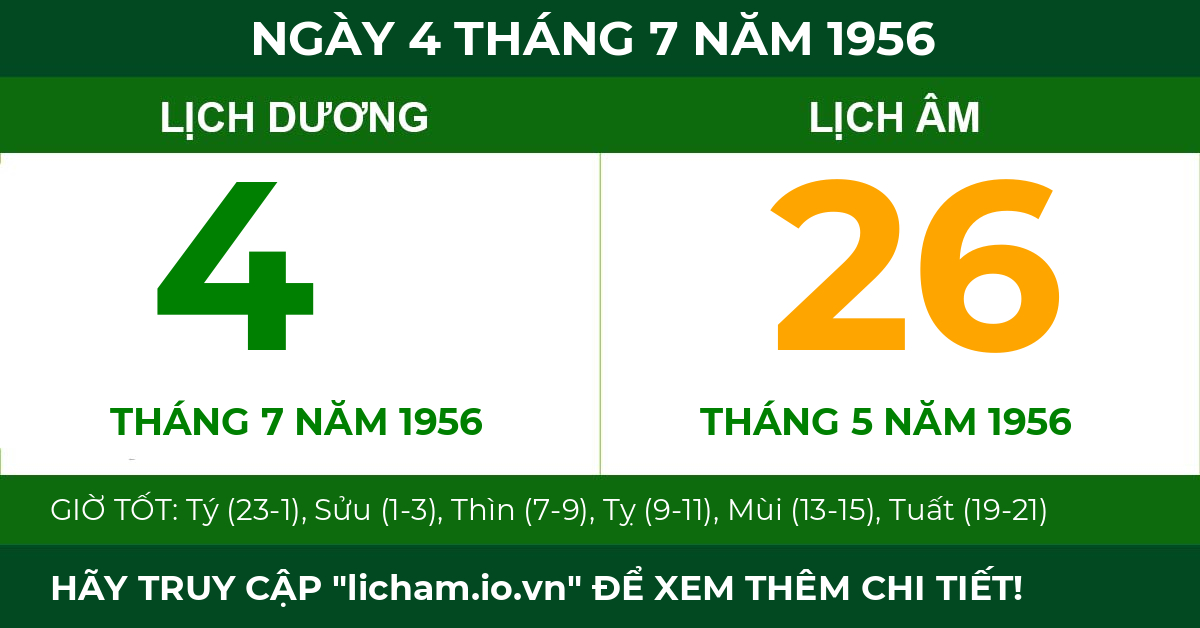 lịch âm ngày 4 tháng 7 năm 1956