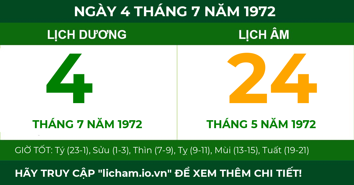 lịch âm ngày 4 tháng 7 năm 1972