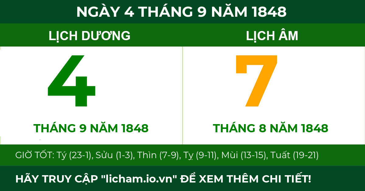 lịch âm ngày 4 tháng 9 năm 1848