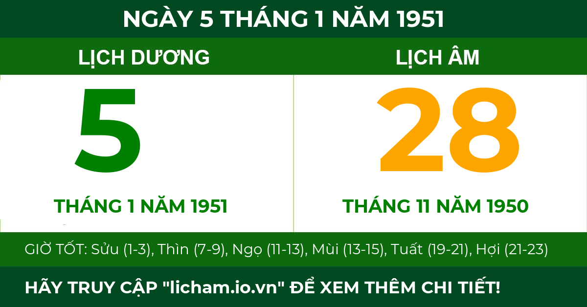 lịch âm ngày 5 tháng 1 năm 1951