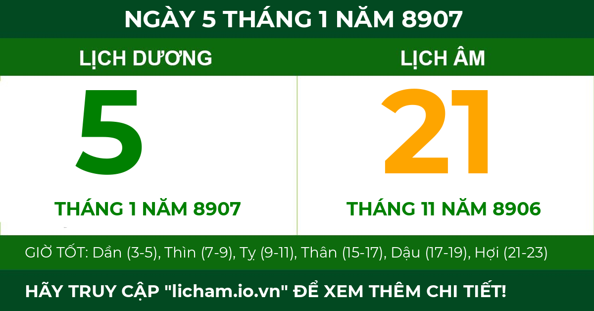 lịch âm ngày 5 tháng 1 năm 8907