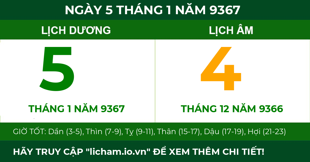 lịch âm ngày 5 tháng 1 năm 9367