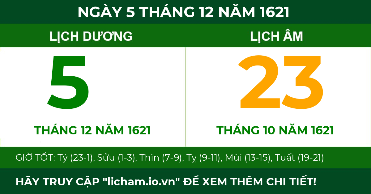 lịch âm ngày 5 tháng 12 năm 1621