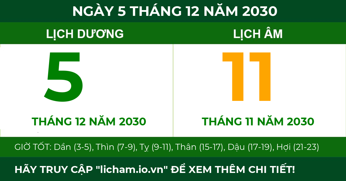 lịch âm ngày 5 tháng 12 năm 2030