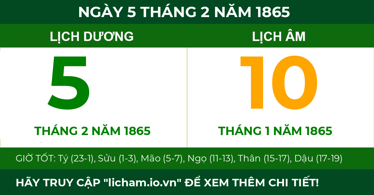 lịch âm ngày 5 tháng 2 năm 1865