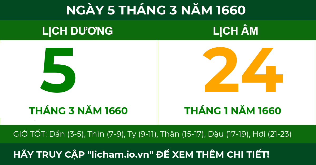lịch âm ngày 5 tháng 3 năm 1660