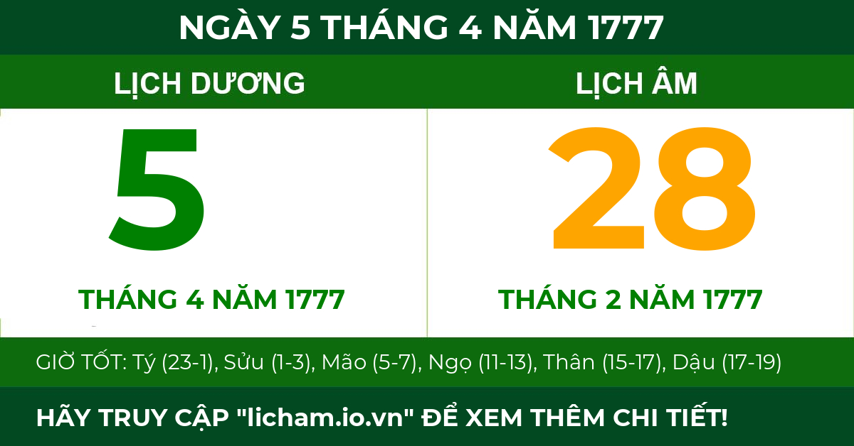 lịch âm ngày 5 tháng 4 năm 1777