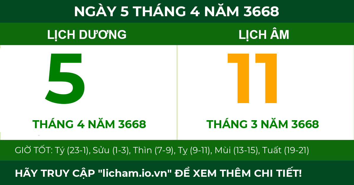 lịch âm ngày 5 tháng 4 năm 3668