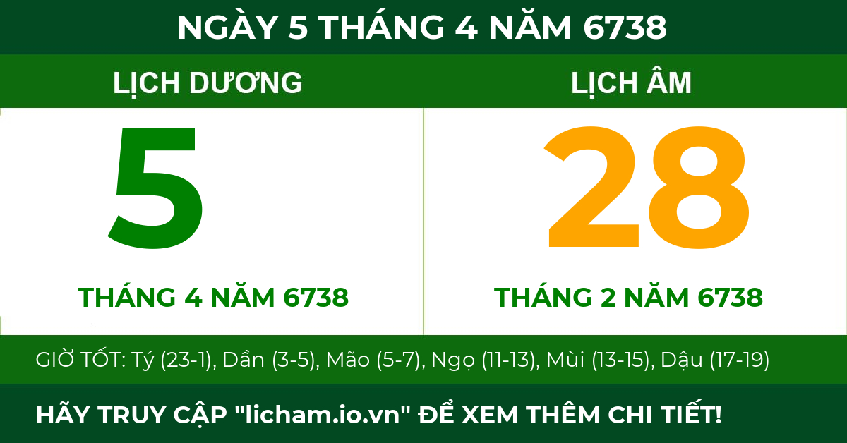 lịch âm ngày 5 tháng 4 năm 6738