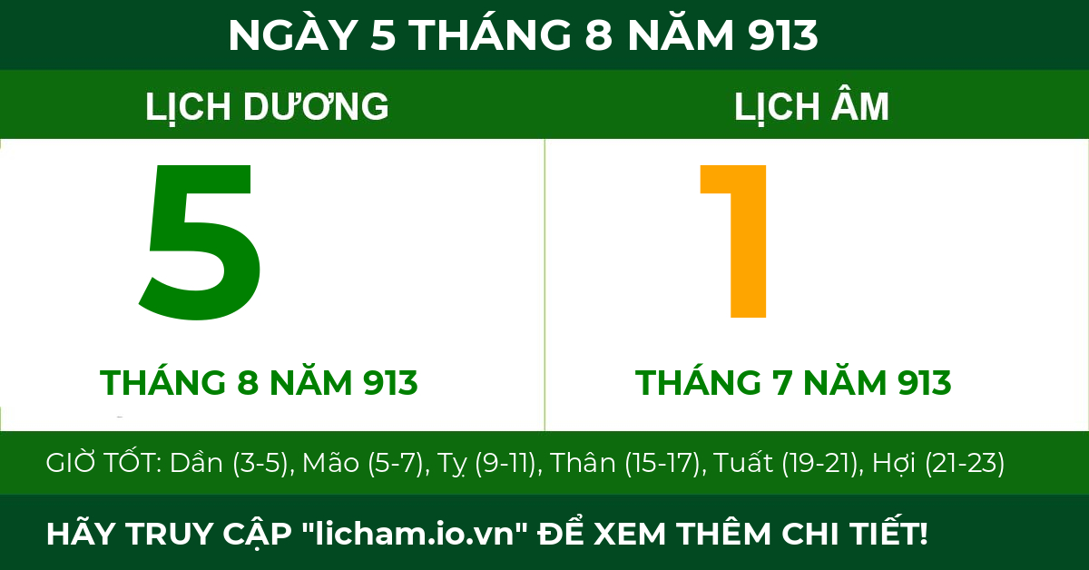 lịch âm ngày 5 tháng 8 năm 913