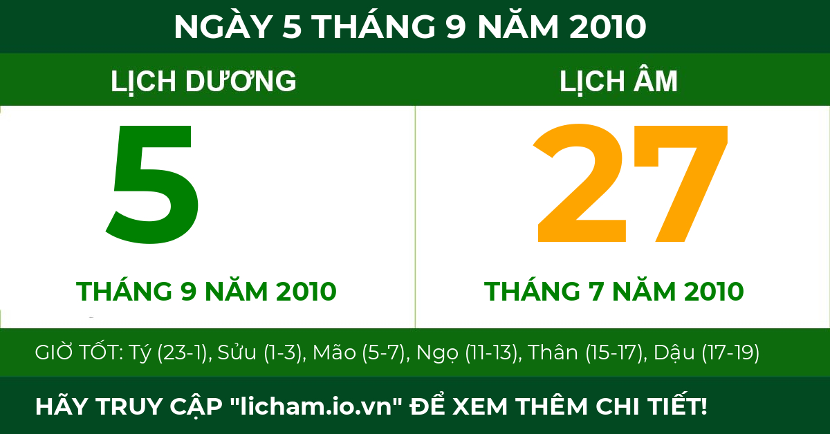 lịch âm ngày 5 tháng 9 năm 2010