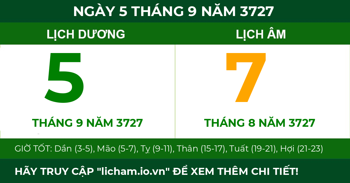 lịch âm ngày 5 tháng 9 năm 3727