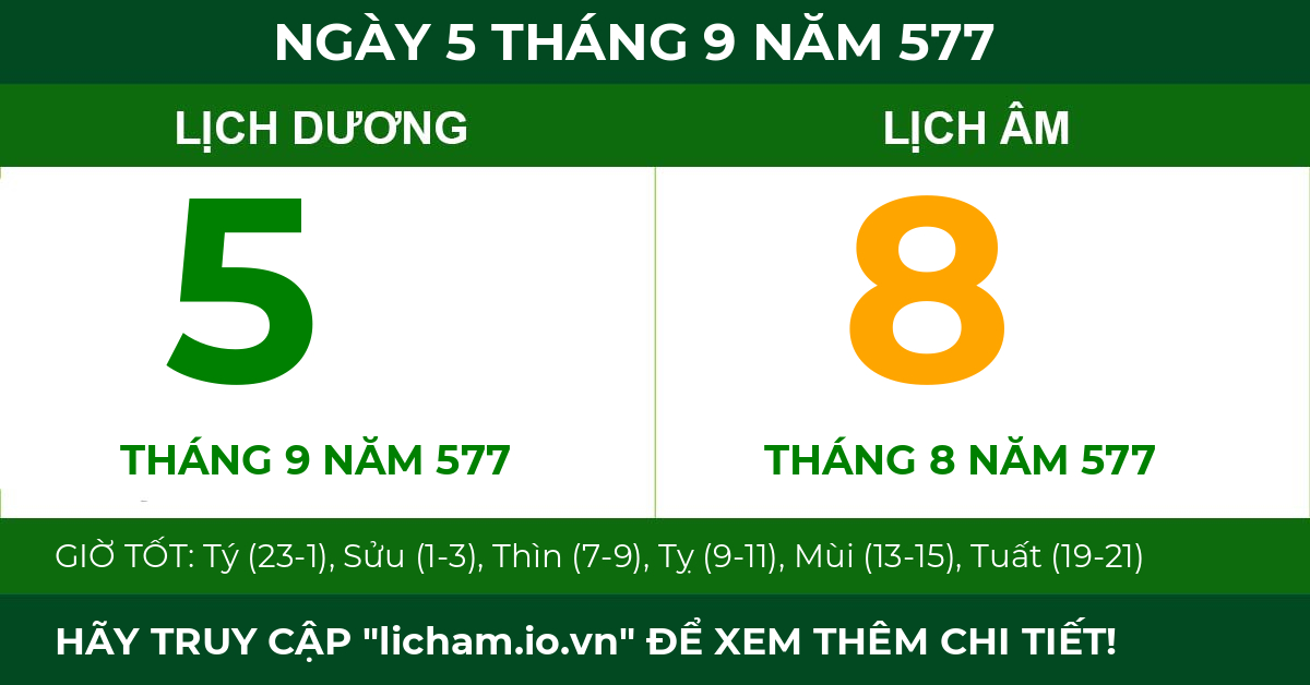 lịch âm ngày 5 tháng 9 năm 577