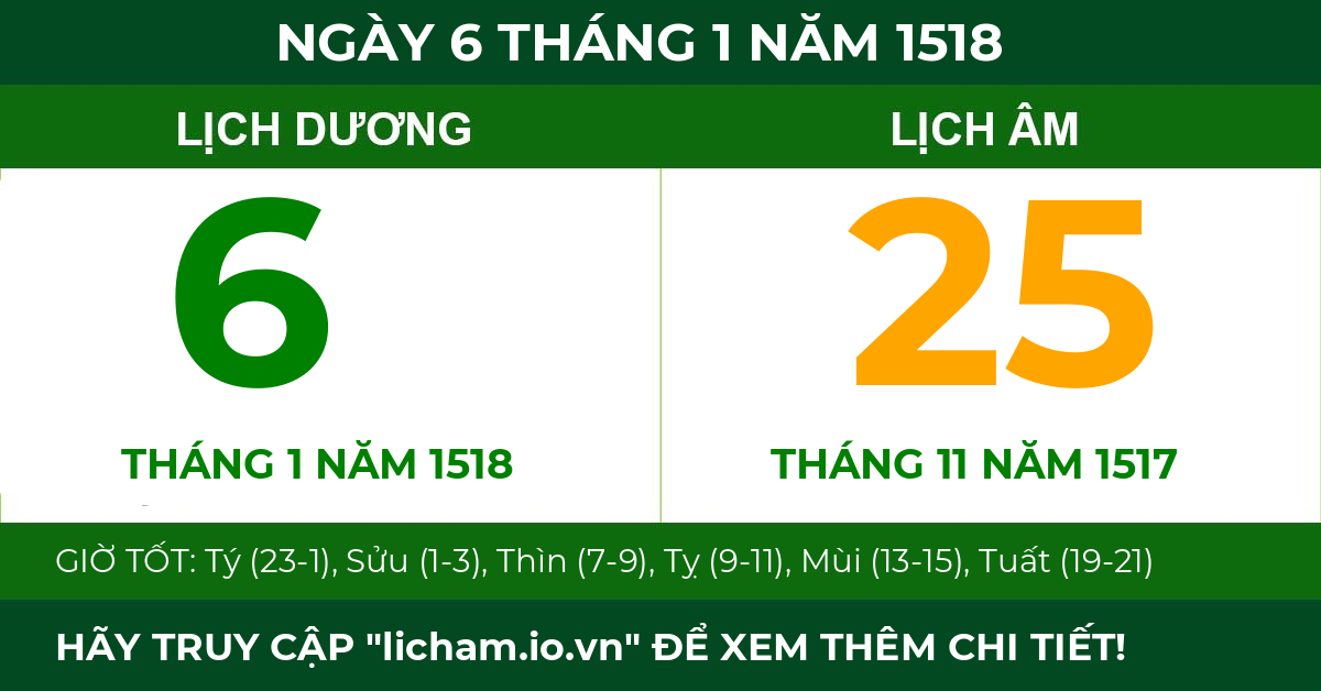 lịch âm ngày 6 tháng 1 năm 1518