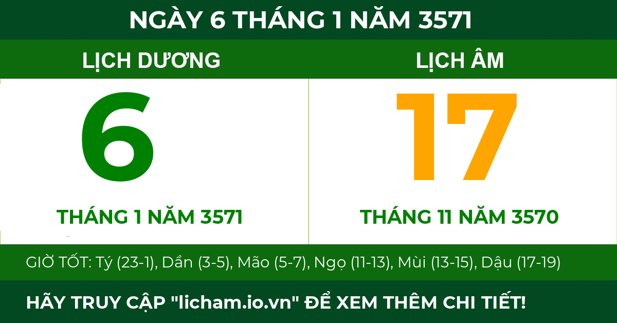 lịch âm ngày 6 tháng 1 năm 3571
