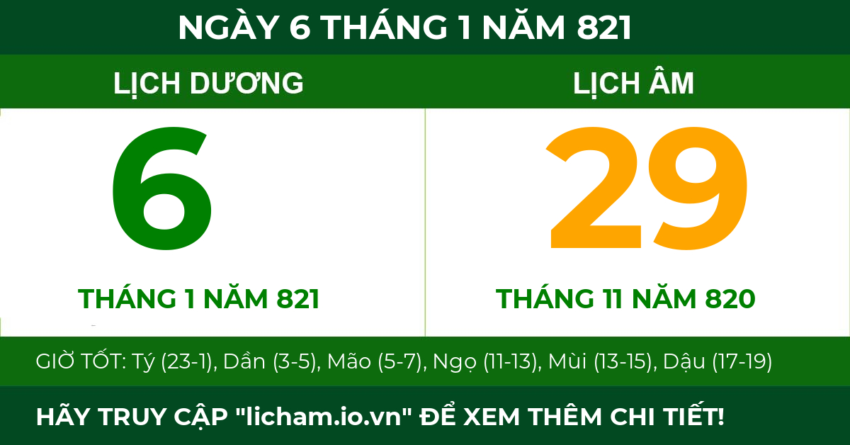 lịch âm ngày 6 tháng 1 năm 821